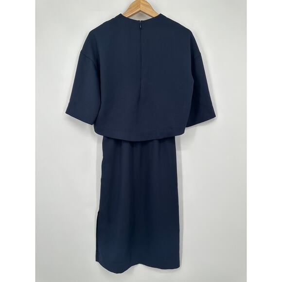 COS Layered Shift Dress Twill 3/4 Sleeve Midi Sheath, Navy Blue - Picture 7 of 12
